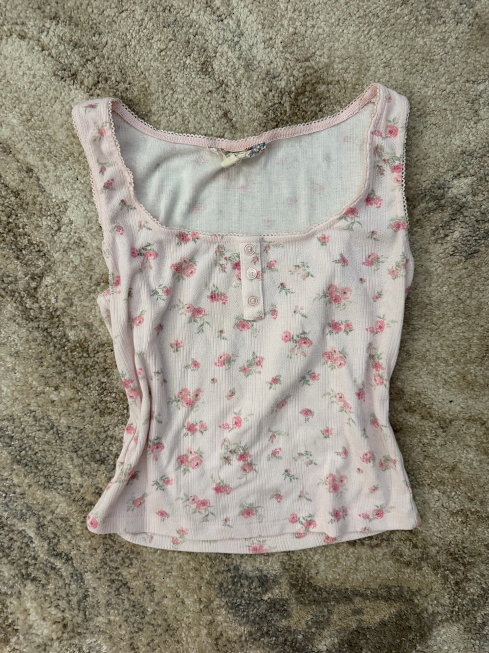 Pink Floral Ribbed Tank Top - Soft Cotton